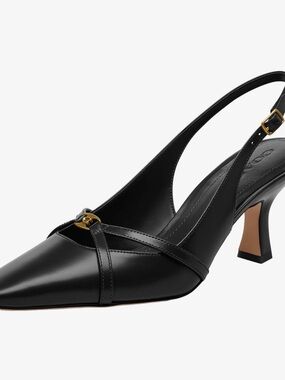 Coach Rowyn LTH Black Leather Slingback Pump with Gold Accent